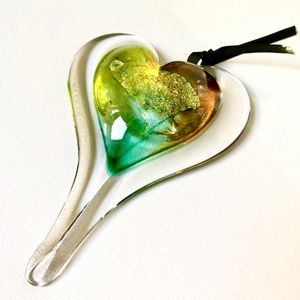 Heart Glass Blown Artisan Made Clear Green Yellow